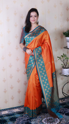 all about you Woven Banarasi Silk Blend Saree(Orange)