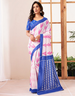 all about you Printed Handloom Pure Cotton Saree(White, Dark Blue, Pink)