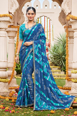 Laxmipati Sarees Printed Bollywood Chiffon Saree(Blue)