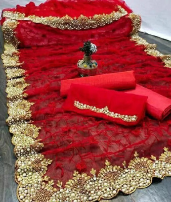 Suali Embroidered Bollywood Net Saree(Red)