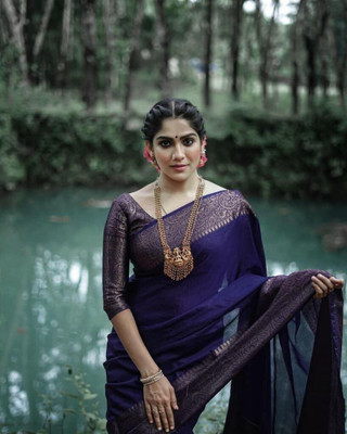 Rudr Ventures Embroidered Banarasi Silk Blend Saree(Dark Blue)