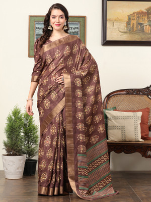 Sareemall Printed Madurai Silk Blend Saree(Brown)