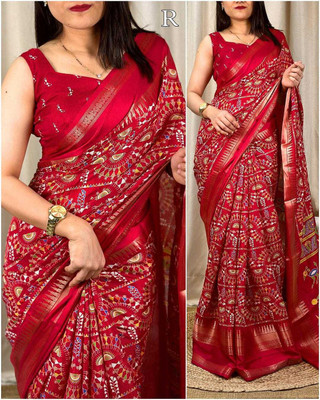 Mitu Enterprise Printed Bollywood Pure Silk Saree(Red)