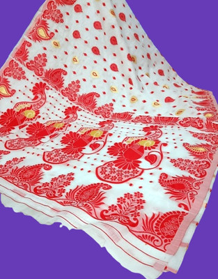 Kanokanjoli Printed Jamdani Handloom Cotton Blend Saree(Multicolor)