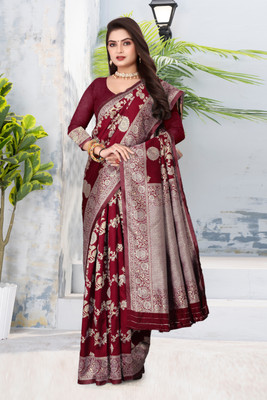 AVSAR TRENDZ Floral Print Banarasi Jacquard Saree(Maroon)