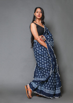 Pinkcity Trade World Printed, Color Block, Blocked Printed Handloom Pure Cotton Saree(Blue)