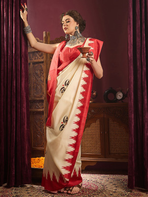 Sareemall Printed Garad Silk Blend Saree(Cream)