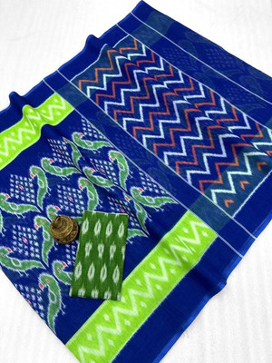 Margi Designers Printed Handloom Cotton Linen Saree(Blue)