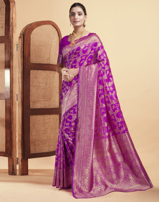 Samah Woven, Embellished Banarasi Silk Blend, Jacquard Saree(Magenta, Gold)