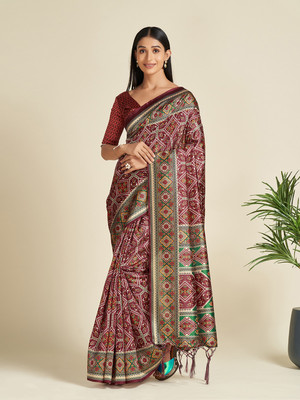 Sareemall Printed Patola Silk Blend Saree(Maroon)