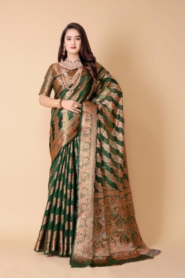 Jay fashion Self Design, Striped Bollywood Jacquard, Organza Saree(Green)