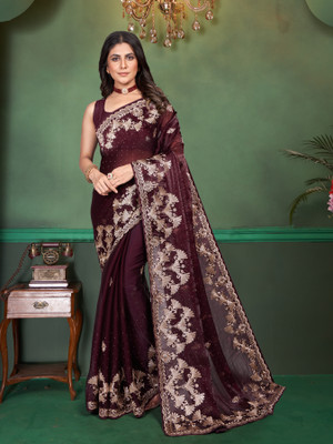 Yashakti Designer Embroidered Bollywood Supernet Saree(Brown)