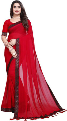 BK COLLECTION Solid/Plain Bollywood Georgette Saree(Red)