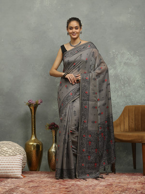 Meena Bazaar Woven Bollywood Cotton Blend Saree(Grey)