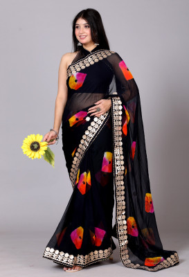 NeeLKANTH ENTERPRISE Embroidered, Hand Painted, Self Design, Color Block Bandhani Chiffon Saree(Black)