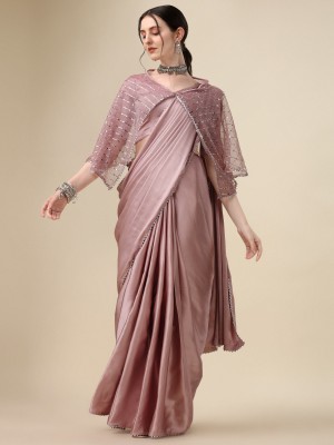 FABMORA Embellished, Solid/Plain Bollywood Satin Saree(Pink)