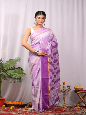 Taavi Blocked Printed Daily Wear Cotton Blend Saree(Purple)