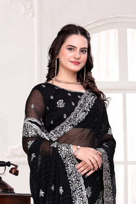 Mikhushop Embroidered Bollywood Silk Blend Saree(Black)
