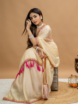 Online Bazaaar Embroidered Bollywood Chiffon Saree(Cream)