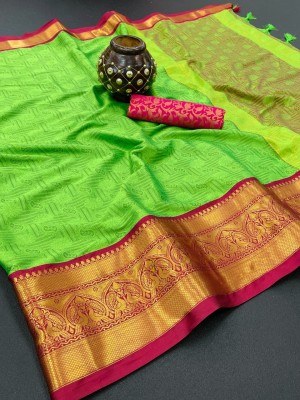 SHWENILA Printed Banarasi Cotton Silk Saree(Green, Pink)