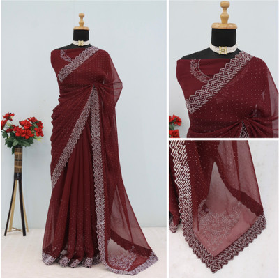 VarniRaaj Fashion Embellished, Geometric Print Bollywood Organza Saree(Light Blue)