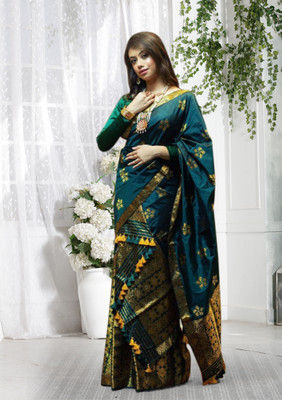 VM Selling Hub Self Design Mekhela Chador Silk Blend Saree(Dark Green)