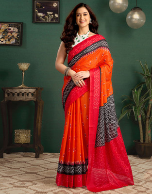 Sangria Printed Ikkat Cotton Blend Saree(Orange)