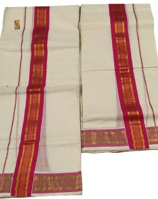 VKC SAREES Solid/Plain Kasavu Cotton Blend Saree(Pink)