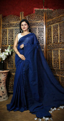 BDF Bikash Datta Fashion Self Design Handloom Cotton Silk Saree(Blue)