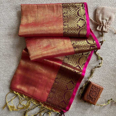 sourav biswas Self Design Handloom Tissue Saree(Pink)