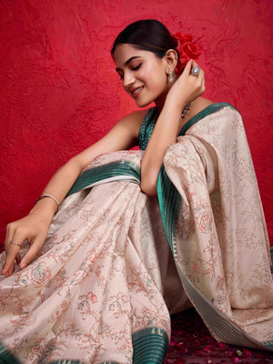 Eeza Printed Bollywood Silk Blend Saree(Cream)