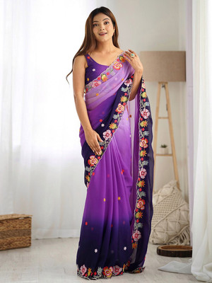 ANOUK Embroidered Banarasi Georgette Saree(Purple)