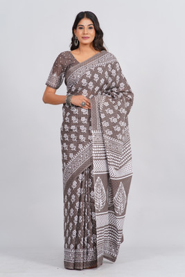 JAI HANUMAN HAND PRINTING Printed Daily Wear Pure Cotton Saree(Grey)