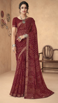 Sudarshana Geometric Print Bandhani Chiffon Saree(Maroon)