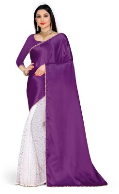 VANRAJ CREATION Solid/Plain, Embellished Bollywood Satin, Net Saree(Magenta, White)