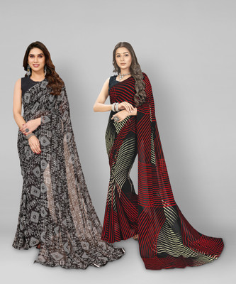 kashvi sarees Floral Print, Polka Print, Ombre, Printed Bollywood Georgette Saree(Pack of 2, Red, Black)