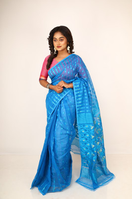 pal saree mahal Self Design Jamdani Cotton Blend Saree(Blue)