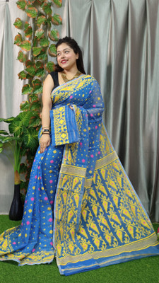 binita Self Design Jamdani Cotton Silk Saree(Light Blue)