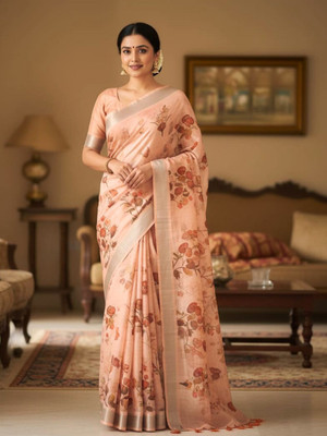 Rupdarshi Floral Print, Printed Daily Wear Cotton Linen Saree(Pink)