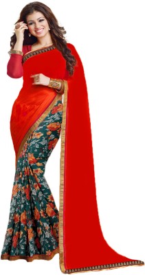 Flip The Style Floral Print Bollywood Georgette, Chiffon Saree(Red, Blue)