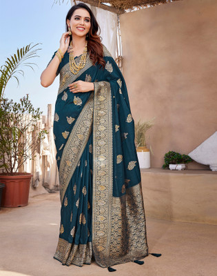Satrani Woven, Embellished Banarasi Silk Blend, Jacquard Saree(Blue, Gold)