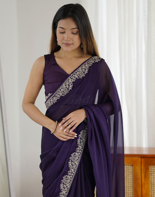 Satrani Embroidered Bollywood Silk Blend Saree(Purple)