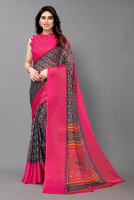 Ghan Sals Floral Print Daily Wear Brasso Saree(Grey, Pink)