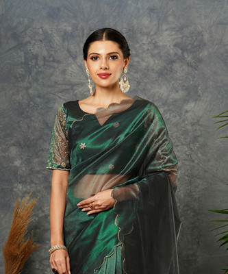 Samah Embroidered, Solid/Plain Bollywood Net Saree(Dark Green)
