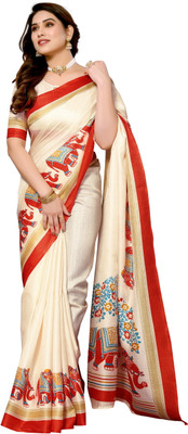 Kjs Printed Ikkat Cotton Blend Saree(Cream)