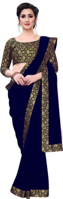 Queen worth Solid/Plain Bollywood Georgette Saree(Dark Blue, Gold)