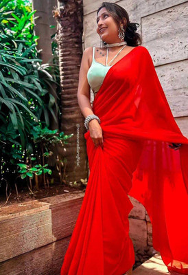 Anand Sarees Solid/Plain Bollywood Georgette Saree(Red)