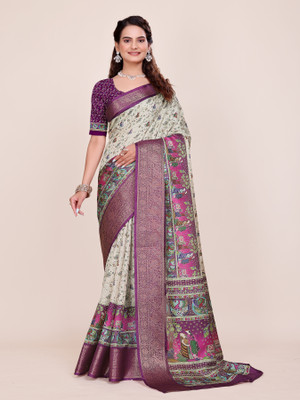 MAHARANI04CREATION Printed, Floral Print, Digital Print, Self Design Kalamkari Jacquard, Art Silk Saree(Pack of 2, Purple, Beige)