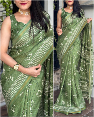HIYAMI Digital Print Bollywood Cotton Blend, Chanderi Saree(Green)
