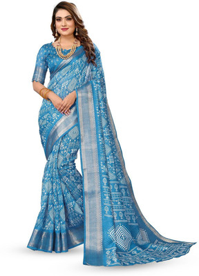 Moda Rapido Printed Bandhani Cotton Blend Saree(Blue)